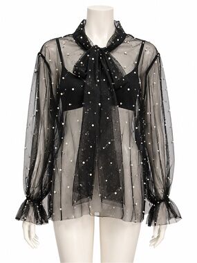 Lips & Bows 2X Black Sheer Pearl Embellished Bow Blouse